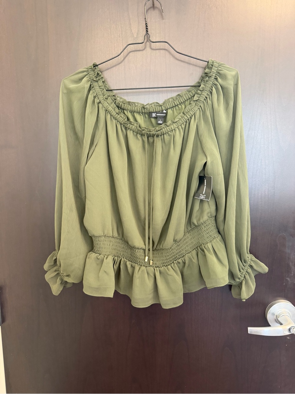 Women’s Olive Green Peasant Blouse with Smocked Waist Size Large